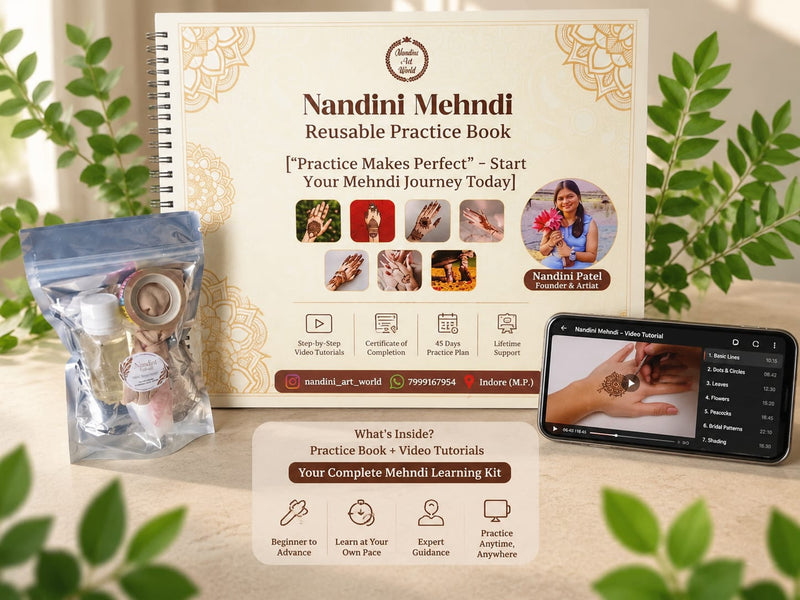 Reusable Mehndi Practice Book + Henna kit + 45 Days Basic To Bridal Full Mehndi Course (pre recorded)