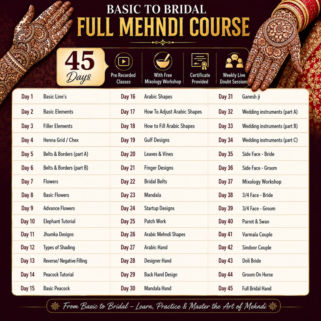 45 Days Basic To Bridal Full Mehndi Course ( Pre - Recorded) With Certificate